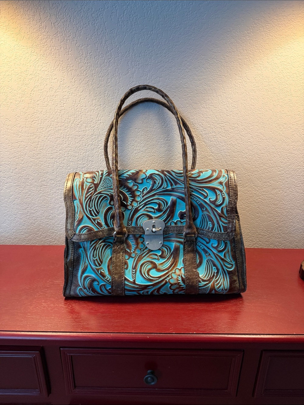 Patricia Nash Turquoise and Brown Tooled Floral Leather Satchel